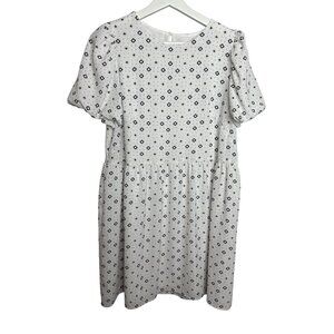 LOFT White Babydoll Dress Size 4 Small Puff Sleeve Geometric Print